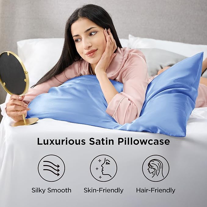 Bedsure Satin Pillowcase 2 Pack Similar to Silk Pillow Cases Standard Size, Pillow Case for Sleeping Women with Envelope Closure, Gifts for Women Men, Sky Blue, 20x26 Inches, 2pcs - Bloomnest