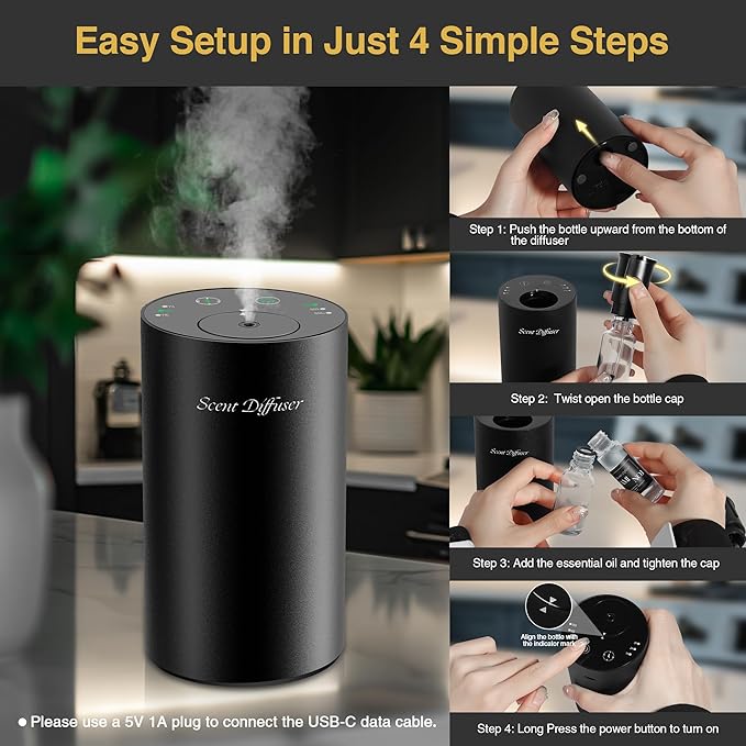 Waterless Essential Oil Diffuser Starter Kit - No Water Needed, Battery Operated Mini Scent Air Machine, Included 3x20ML Essential Oils, Portable Aromatherapy Diffuser for Home & Car, Black, 2Pack - Bloomnest