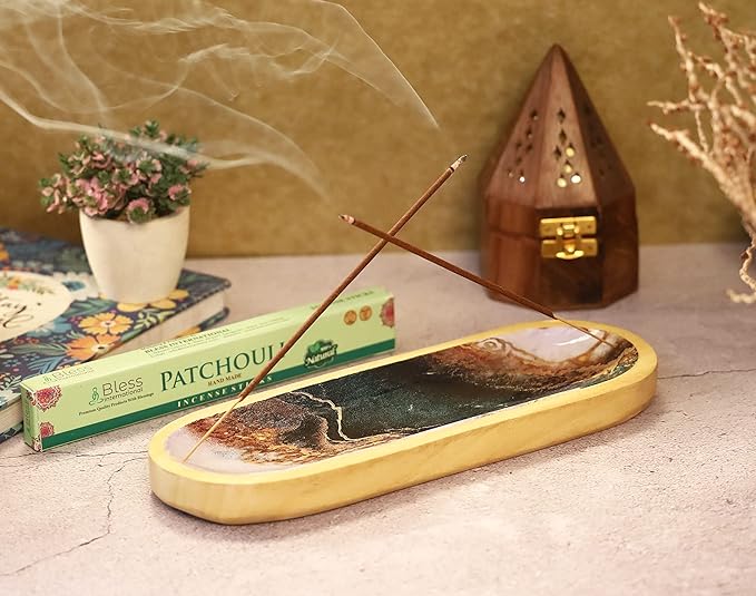 Bless-International Traditional-Handmade-Tray-Burner Wooden-Trat-Incense-Stick-Holder Ash-Catcher-Stand for-Aromatherapy-Meditation-Yoga (Green White Agate, 11x4x1.22 Inches) - Bloomnest