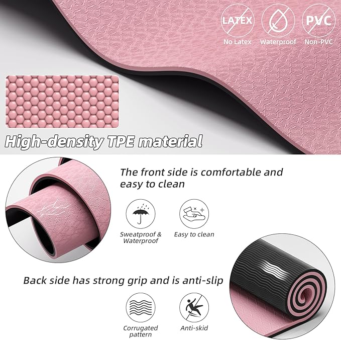 Large Yoga Mat 75"x 40"x10mm (2/5 inch) – Extra Thick & Wide, TPE Fitness Mat, Printed Non-Slip Exercise Mat with Carrying Strap for Men & Women, Pilates, Stretching, Fitness & Workout - Bloomnest