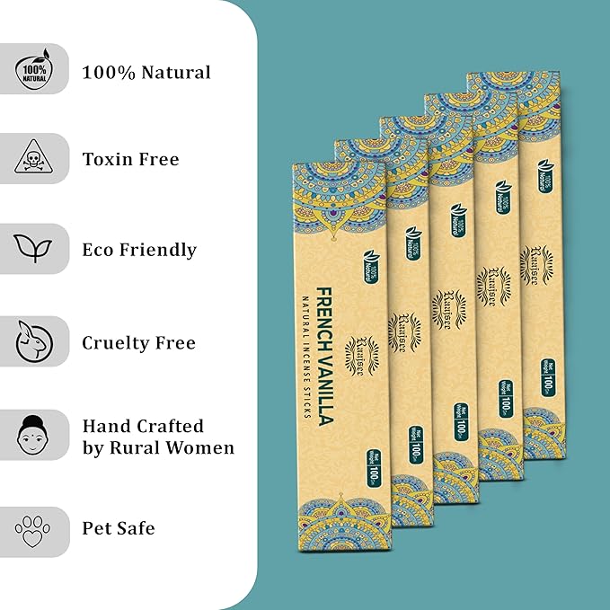 Raajsee French Vanilla Incense Sticks (180 gm), 100% Pure Organic Natural Hand Rolled Free from Chemicals - Perfect for Aromatherapy, Cleansing, Meditation, and Church (Pack of 12) - Bloomnest