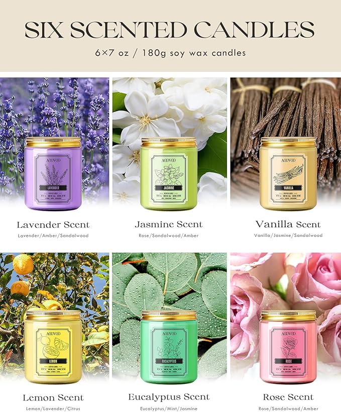 AOOVOO Scented Candles for Women - 6 Pack Colorful Jar Candle for Home Scented, 42oz Soy Candles, 300 Hours Burn Time, Aromatherapy Candles Gifts Set for Birthday - Bloomnest