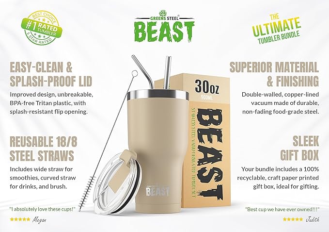 Beast 30 oz Tumbler Stainless Steel Vacuum Insulated Coffee Ice Cup Double Wall Travel Flask (Sand) - Bloomnest