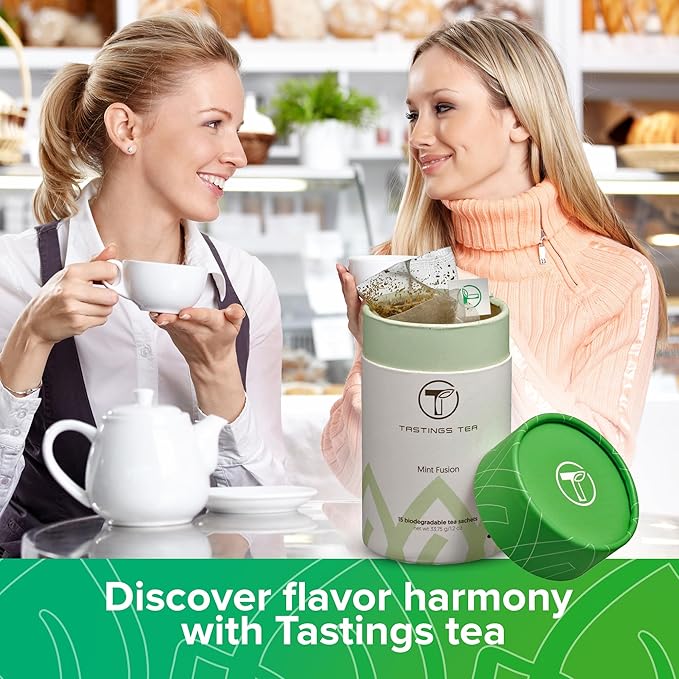 Tastings Tea Mint Fusion - 15 Biodegradable Sachets | Spearmint & Peppermint with Black Tea & Lemongrass Blend | Natural Pyramid Bags - Bloomnest