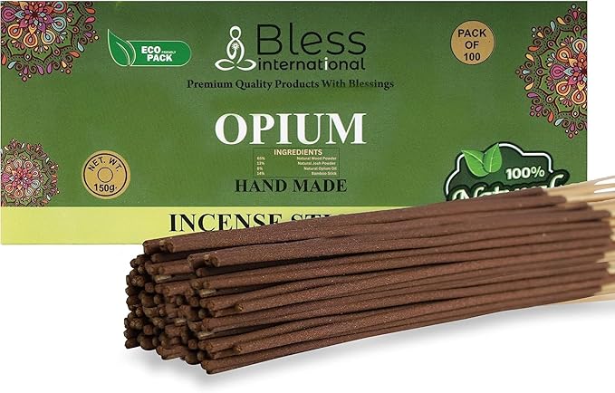 Bless-Opium 100%-Natural-Handmade-Hand-Dipped-Incense-Sticks Organic-Chemicals-Charcoal-Free Purification-Relaxation-Positivity-Yoga-Meditation Best-Woods-Scent (100 Sticks(5.25 OZ)) BlessInternational