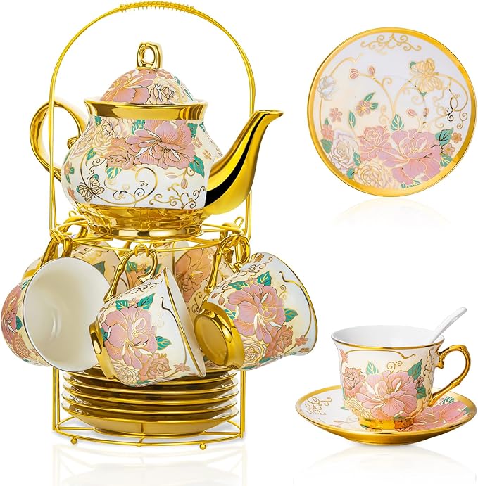 20 Pieces European Ceramic Tea Set for Adults With Metal Holder and Flower Painting (Large Cream Version) - Bloomnest