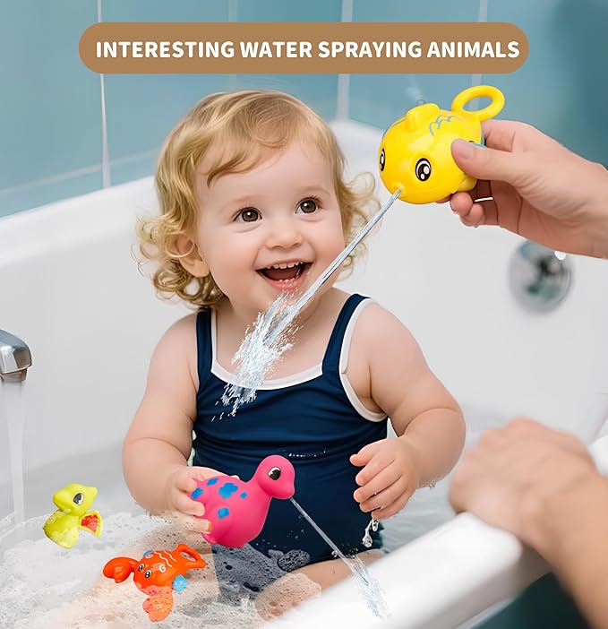 Bath Toys Set, Toddlers Bath Toys 1-3, Kid Bathtub Toy with 4pcs Dinosaur Water Spray, Fishing Games with Fish Net, Water Pool Toy , Shower Toy Gift for Boy Girl Infant - Bloomnest