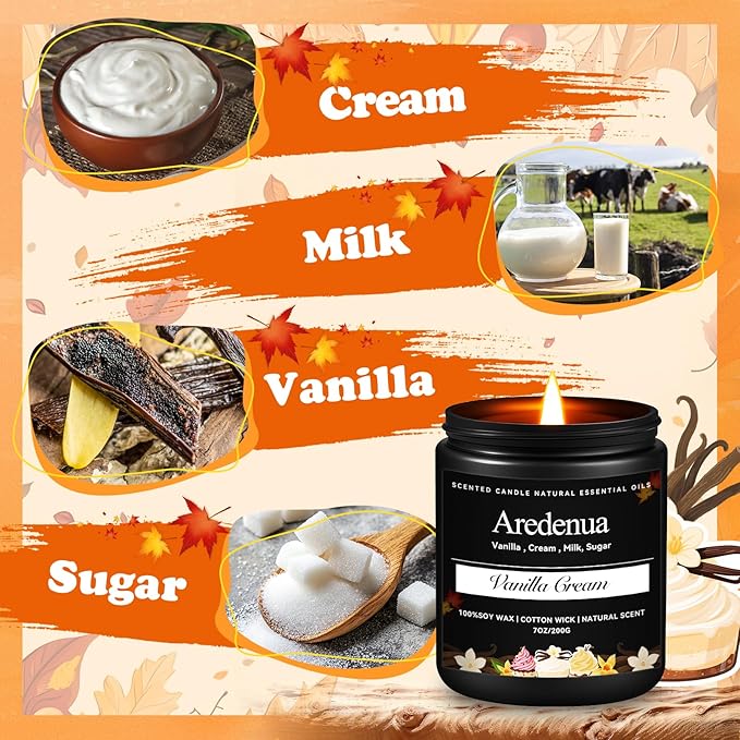 Vanilla Cream Candle | Creamy Vanilla Scented Candles for Fall - 7oz Autumn Soy Candles for Home Scented, 50 Hours Burn Time, Fall Gifts for Women Men/Holiday/Harvest/Thanksgiving - Bloomnest