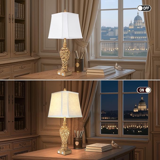 Vintage Table Lamps Set of 2, 28.5'' Tall Antique Gold Bedside Lamps with Fabric Shades, USB A+C Charging Ports & Night Light, Farmhouse Nightstand Lamps for Bedroom Living Room Office (Bulb Included) - Bloomnest