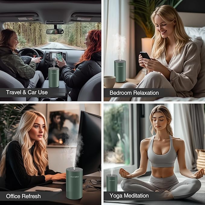 Waterless Essential Oil Diffuser Starter Kit - No Water Needed, Battery Operated Mini Scent Air Machine, Included 3x20ML Essential Oils, Portable Aromatherapy Diffuser for Home & Car & Office, Green - Bloomnest