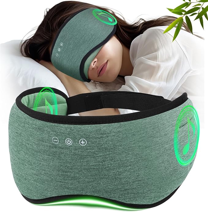 Sleep Headphones with Bluetooth 5.4 Sleep Mask, Bamboo Cotton Music Wireless Bluetooth Eye Mask for Sleeping, Earphones HD Speaker Microphone for Travel, Gifts for Men Women, Green - Bloomnest