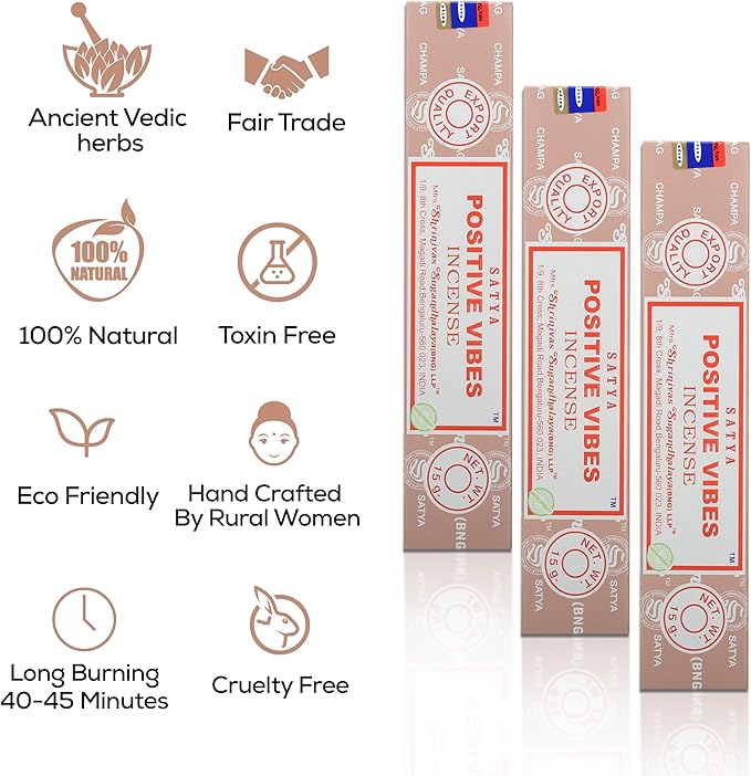 Satya Positive Vibes Incense Sticks, Satya Bng (Bangalore) Insenses 15gmx12 Pack with Raajsee Incense Holder Bundle, Satya Nagchampa Natural Incense - Bloomnest