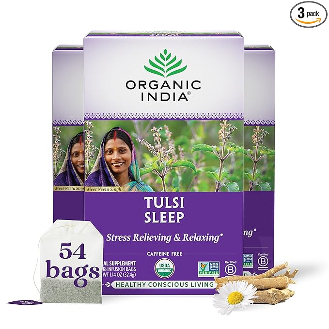 ORGANIC INDIA Tulsi Sleep Herbal Tea - Holy Basil, Ashwagandha, Chamomile, Night Time Tea for Bedtime, Stress Relieving & Relaxing, Immune Support, USDA Certified Organic - 18 Infusion Bags, 3 Pack - Bloomnest