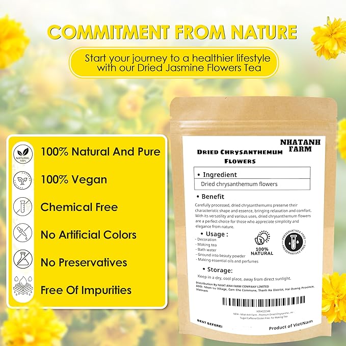 Nhat Anh Farm - Premium Dried Chrysanthemum - 3,5oz(100g) Dried Chrysanthemum Flowers - 100% Natural & Pure - Sugar/Caffeine/Gluten Free. For Making Tea - Bloomnest