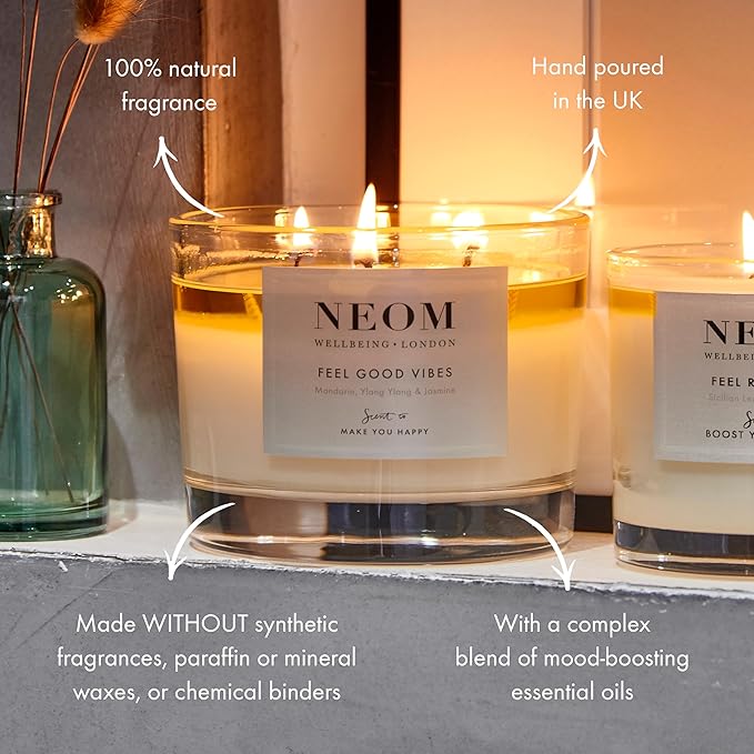 NEOM- Limited Edition Feel Good Vibes Candle |Mother's Day | Gift | Mandarin, Ylang Ylang & Jasmine (3 Wick) - Bloomnest