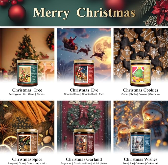 Christmas Candle Gift Set, 6 Pack Holiday Scented Soy Candles for Home, Winter Aromatherapy Candle, Xmas Gift for Women Men, Long Lasting Christmas Tree, Cookie, Spice, Garland, Eve & Wishes Fragrance - Bloomnest