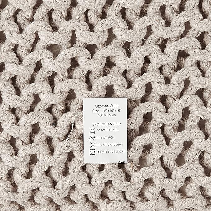 REDEARTH Square Pouf Ottoman Foot Stool - Hand Knitted Bean Bag - Cord Boho Pouffe - Accent Poof for Living Room - Nursery - Bedroom - Kids Bedroom - Patio - 100% Cotton (16" x 16" x 16") - Ivory - Bloomnest