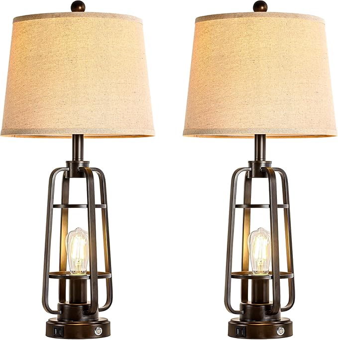 28.7" Table Lamps for Living Room Set of 2, Touch Lamps for Bedrooms with USB C+A Charging Ports, Farmhouse Lamps for Nightstands with Oil Rubbed Bronze Finish, Bulbs Included - Bloomnest