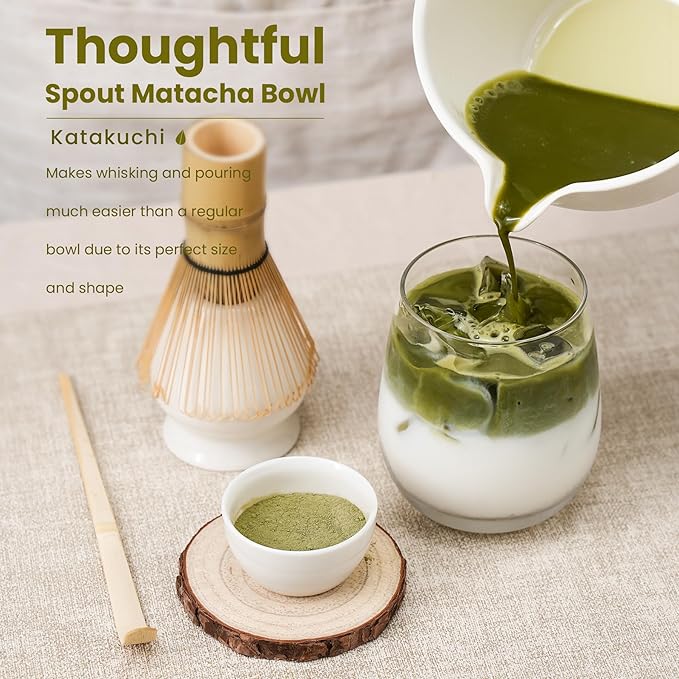 Matcha Whisk Set, Handcrafted Bamboo Chasen & Ceramic Bowl Matcha Kit, Complete 5 Pcs Matcha Set Whisk and Bowl W/Stainless Steel Sifter, Bamboo Scoop & Holder for Matcha Tea Ceremony (White) - Bloomnest