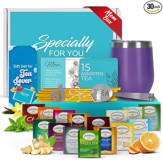 Gift Sets for Tea Lovers Women and Men Tumbler 15 Unique Teas 10 Honey Straws (Mom Card-Purple) - Bloomnest