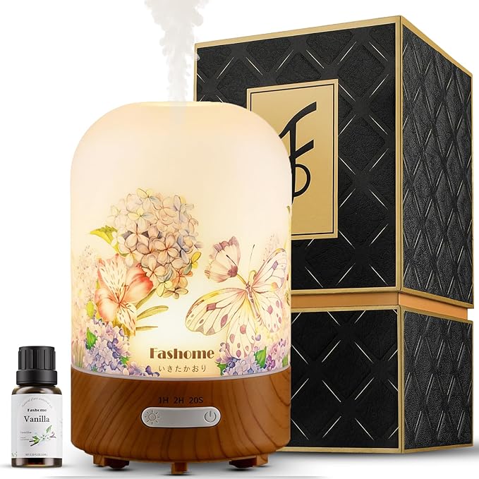 Essential Oil Diffuser Hand Blown Glass, 100ml Small Aromatherapy Diffuser, Auto Shut-Off Function, Ultrasonic Diffusers for Essential Oils, Cool Mist Humidifier with Warm White Lights (Vanilla Oil) - Bloomnest