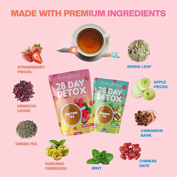 Skinny Boost Detox Tea Kit- 2 PACK –1 Daytime HIBISCUS (28 Bags) + 1 Evening APPLE CINNAMON-(14 Bags) – Herbal Detox for Energy, Bloating & Colon Cleanse – Green Tea, Vegan, Keto, Non-GMO, Sugar-Free - Bloomnest