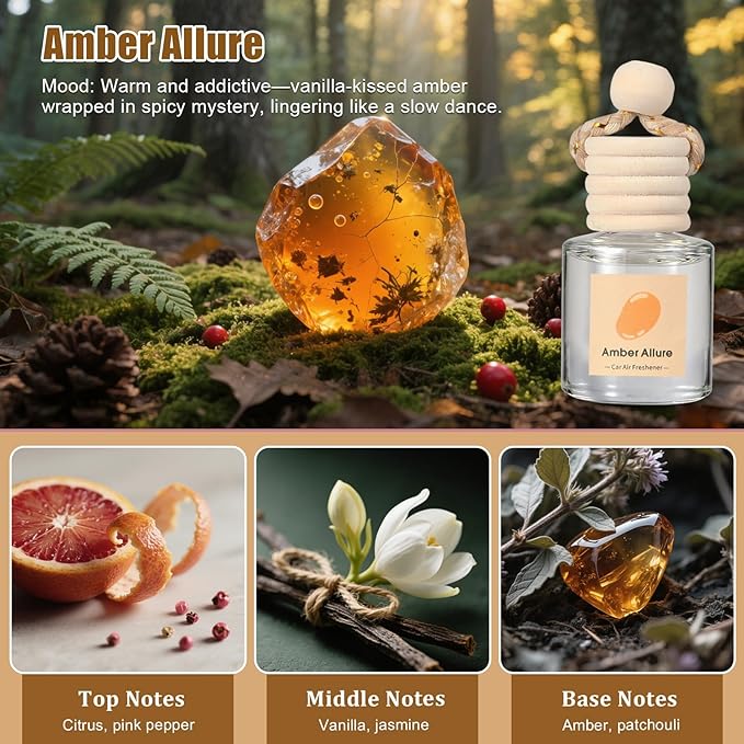 Car Air Freshener Oil Diffuser - Hanging Long Lasting Scent for Car & Home, Essential Oil Freshener with Adjustable Fragrance (Lavender+Red Roses+Oud Wood+Amber Allure) - Bloomnest