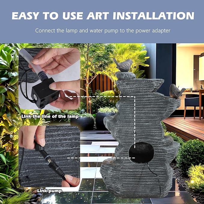Grepatio Outdoor Water Fountain 5 Tier Cascading Rock Waterfalls Fountains with 4 LED Lights and Pump Indoor/Outdoor Modern Floor Standing Garden Water Fountain for Yard, Patio, House Decor - Bloomnest