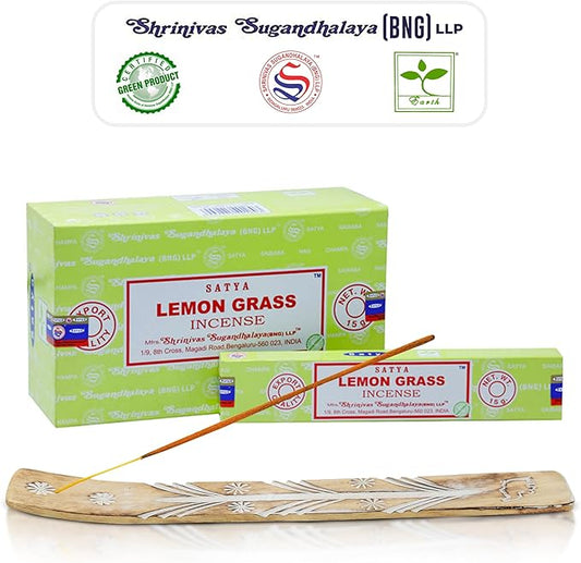 Satya Lemon Grass & Nagchampa Incense - 15gmx12 Pack with Raajsee Incense Holder - Bloomnest