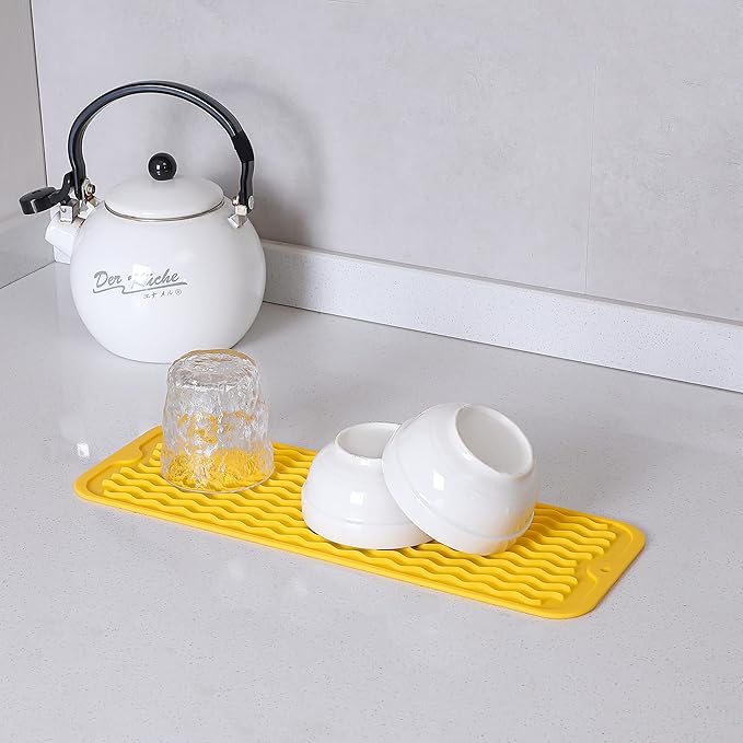 Silicone Dish Drying Mat for Multiple Usage,Easy clean,Eco-friendly,Heat-resistant Silicone Mat for Kitchen Counter,Sink,Bar,Bottle,or Cup Yellow M 17 inches x 6 inches - Bloomnest