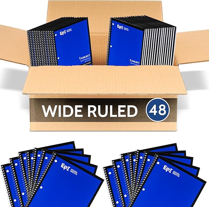EPI Spiral Notebook | Wide - 70 Sheets, Durable Spiral Binding | 10.5 x 8 in | Classroom Supplies | School, Office, Note Taking, Journaling - 48 Pack - Bloomnest
