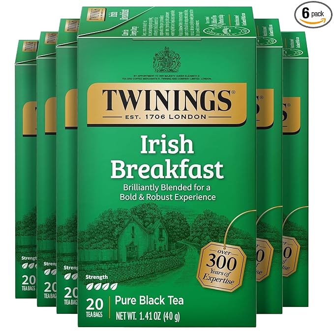 Twinings Irish Breakfast Black Tea Individually Wrapped Bags, 20 Count (Pack of 6), Flavourful, Robust Black Tea, Caffeinated, Enjoy Hot or Iced, 120 Teabags - Bloomnest