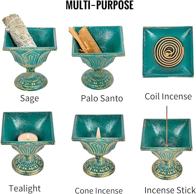 Sungmor Multi-Purpose Cast Iron Incense Holder, Incense Stick Burner Ash Catcher, Decorative Vintage Heavy-Duty Holder for Burning Incense Stick & Cone, Bakhoor, Sage Cones, Beautiful Incense Burner - Bloomnest