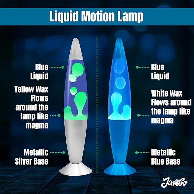 JAMBO 2 Pack- 16" Beautiful Lamp- Silver with Yellow/Green Wax and Blue with Blue/White Wax, Relaxing Liquid Lamp, Night Light Nightlight, Lamps for Adults Teens Kid - Bloomnest