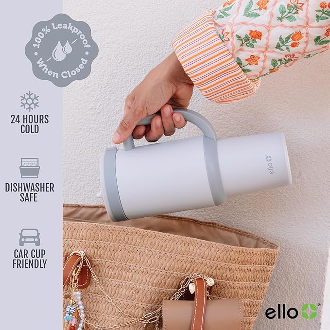 Ello Oasis 40 oz Tumbler with Handle & Retracting Straw | Reusable Insulated Stainless Steel Cup 100% Leakproof, Gifts for Teens Women Men | Keeps cold for 20 Hours, Cup Holder Friendly, Grayscale - Bloomnest