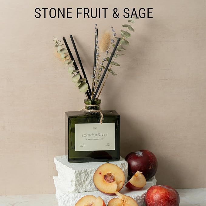 Craft & Kin Reed Diffuser with Dried Flowers | 5 oz Stone Fruit & Sage Scented Holiday Reed Diffusers for Home, Bathroom | Scent Sticks | Elegant Fragrance Home Decor for Men & Women CraftKin