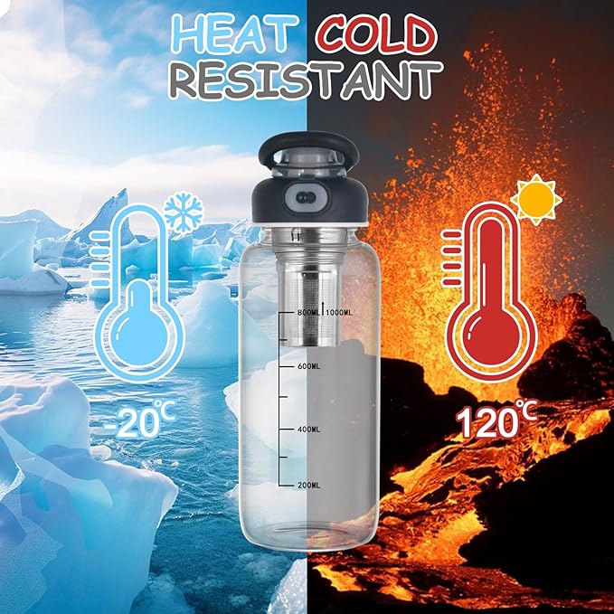 34oz tea bottle with infuser - Large Capacity Glass Water Bottle, With Time Mark, Stainless Steel Tea Strainer,Sleeve, BPA Free,For hot or cold drinks, coffee, tea and water - Bloomnest