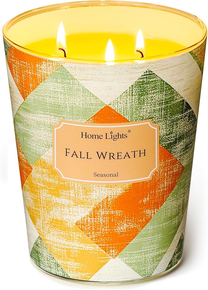 HomeLights Large jar Candle | 3-Wick Long-Lasting Scented Candles, 34oz Natural Soy Wax Candle for Home Scented, Rustic Modern Gifts for Women & Men, Fall Wreath - Bloomnest