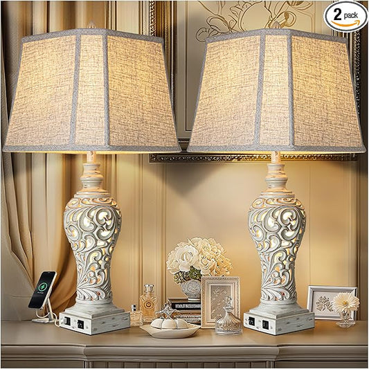 32" Tall Table Lamps Set of 2 - Bedside Lamp with Fabric Shades - for Bedroom and Living Room with USB and Nightlight - Perfect for Nightstands and Bedrooms - Bulbs Included - Bloomnest