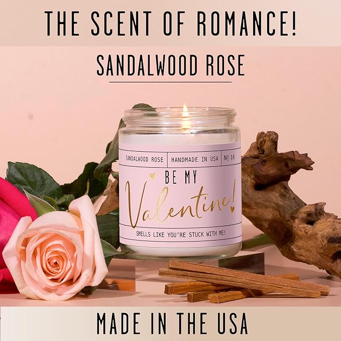 Valentines Day Gifts for Her, Valentine Candles, Valentines Gift for Girlfriend -Will You Be My Valentine Candle, w/Sandalwood & Red Roses I Valentines Gifts for Wife I 9oz, 50Hr Burn, USA Made - Bloomnest