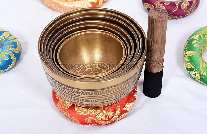 Set of 7 Chakra Etching Singing bowl- All in one- Handmade, healing bowls from Nepal-Meditation Bowl,Healing, Great for Meditation, Yoga, Sound Bath, Mindfulness, Relaxation ~ Cushion, Wooden Mallet