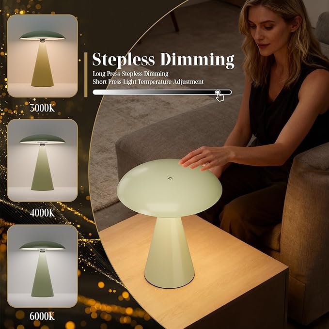 Mushroom Aesthetic Cute Lamp,Magnetic Mid Century Modern Lamp with 3-Mode Lighting for Unique Home Mushroom Decor,Cordless USB-C Rechargeable Lamps for Bedside/Dorm/Office Decor(Avocado Green) - Bloomnest