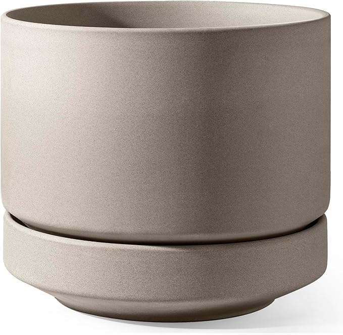 LE TAUCI Large 14 Inch Plant Pot with Saucer | Ceramic Outdoor & Indoor Big Planter Pot | Drainage Hole, Mesh Pad & Plug | Unglazed Porous | Modern Minimalist for Home and Patio – Neutral Gray - Bloomnest
