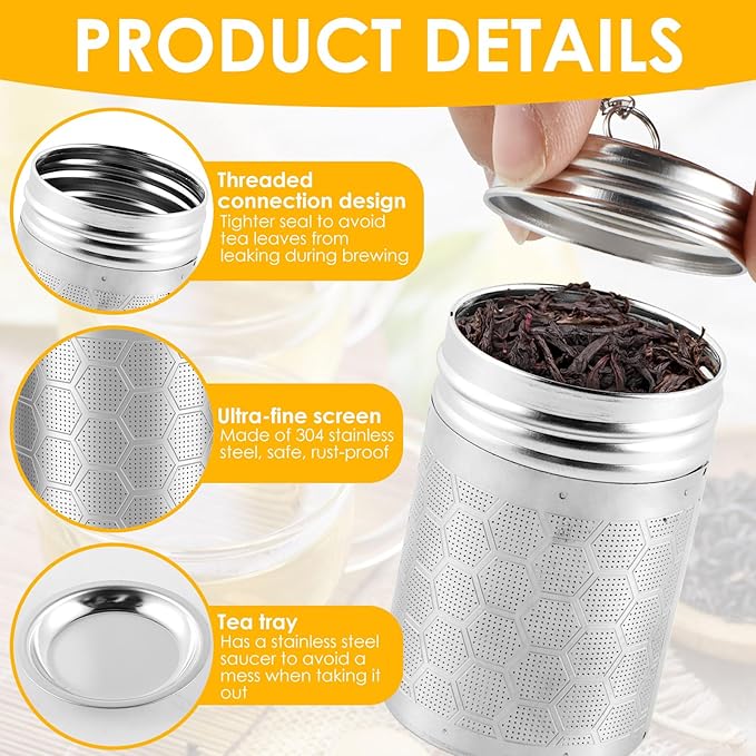 4PCS Tea Infuser Strainers with Drip Tray 304 Stainless Steel Tea Filter Strainer with Chain Hook Fine Mesh Tea Infuser Steeper Reusable Tea Strainers Easy to Use for Loose Tea Mulling Spices