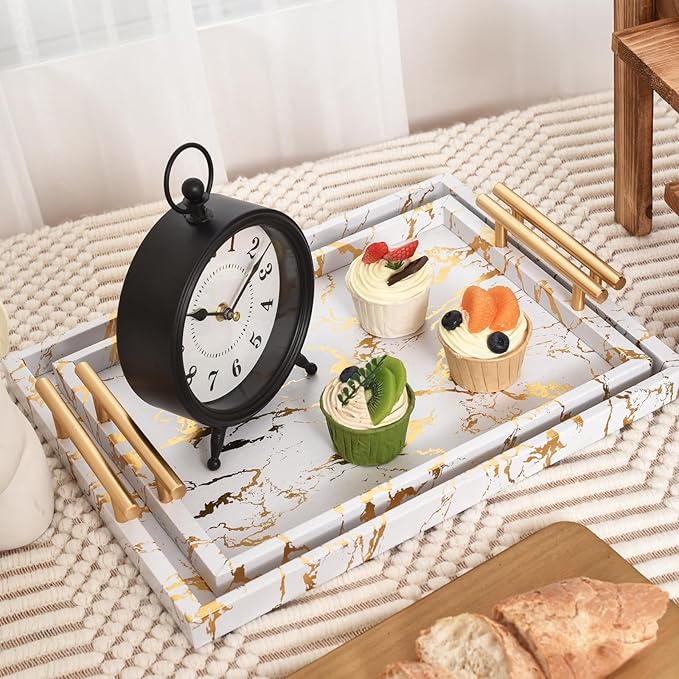 Modern Decorative Tray Set of 2 - White and Gold Marble Wood Serving Tray with Gold Polished Metal Handles for Ottoman, Coffee Table, Bathroom and More - Bloomnest