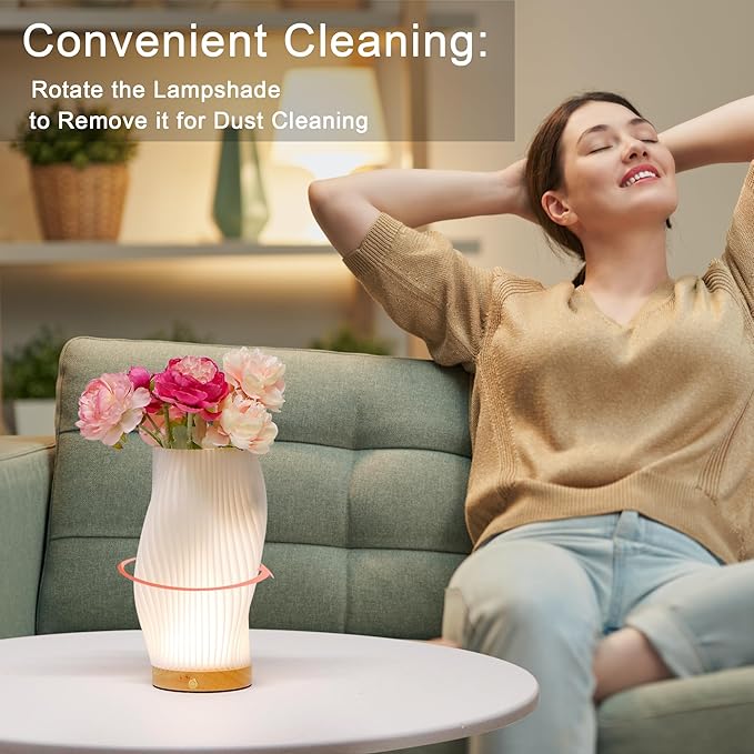 JHY DESIGN 3D Printed Touch Bedside Lamp 9" H Table Lamp 3-Color Light Source Dimmable Nightstand Lamp with Woodbase for Bedroom Living Room Indoors Outdoors(Spiral,Type-C Charging) - Bloomnest