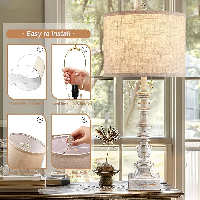 Set of 2 Farmhouse Table Lamps for Living Room, 29.5" Inch Tall Rustic Bedrooms Nightstand Table Lamp with USB-C & USB-A Charging + AC Outlet, Pull Chain Bedside Lamp for End Table, Antique White - Bloomnest