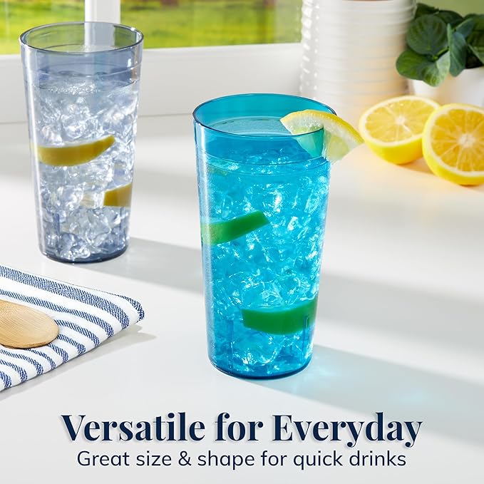 US Acrylic Cafe Plastic Reusable Tumblers (Set of 16) 20-ounce Water Cups Coastal Colors | Restaurant Style Drinking Glasses Value Set, Stackable, BPA-free, Made in the USA | Top-rack Dishwasher Safe - Bloomnest