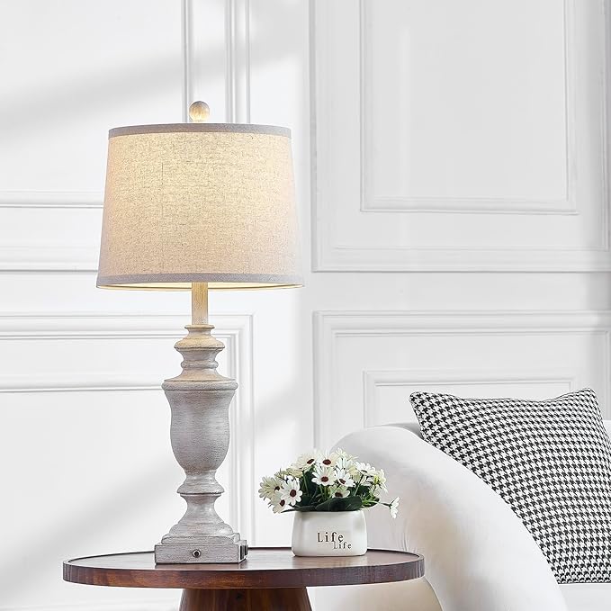 27.5" Set of 2 Farmhouse Table Lamps for Bedroom, 3 Way Dimmable Bedside Lamp with 2 USB +AC Outlet Nightstand Lamps for Living Room Resin Rustic Touch Lamps (Antique Gray) - Bloomnest