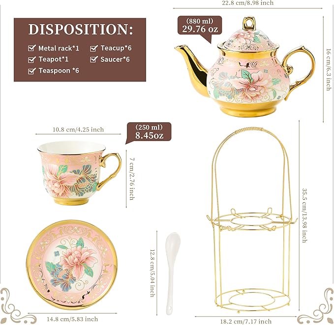 20 Pieces Porcelain Tea Set With Metal Holder, European Ceramic tea set for adults,Flower Tea Set,Tea Set For Women With Flower Painting (Large version, Pink) - Bloomnest
